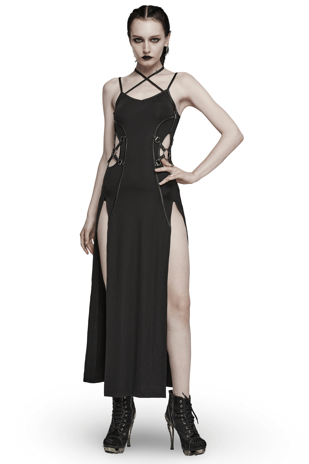 Edgy Long Two-Way Straps Dress with Slits and Lace Up - image 1