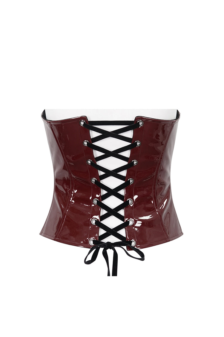 Red Lace Splice Patent Leather Women's Punk Overbust Corset - Product - 9