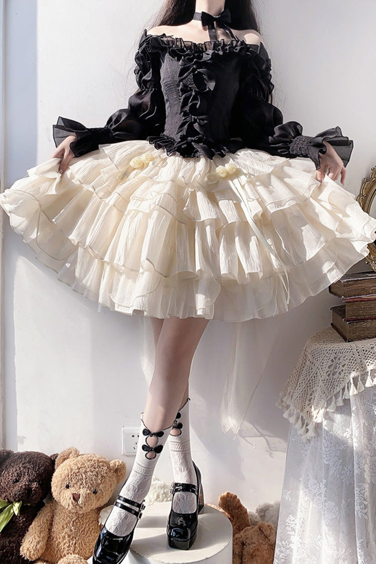Black Top and Apricot Bowknot Sweet Princess Lolita Layered Skirt Dress - Product - 2