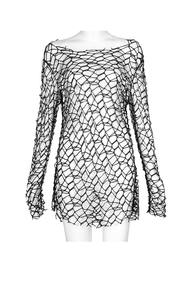 Black Long Sleeve Large Round Collar Large Mesh Women's Punk T-Shirt - Product - 4