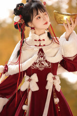 Red Long Sleeves Ruffle Embroidery Bowknot Chinese Style Sweet Lolita Hanfu Dress - Product - 9