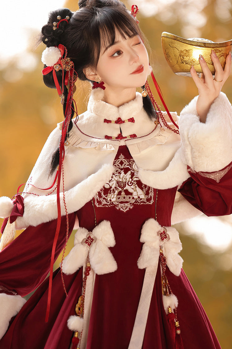 Red Long Sleeves Ruffle Embroidery Bowknot Chinese Style Sweet Lolita Hanfu Dress - Product - 9