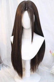 Cool Brown Natural Long Straight Wig with Curtain Bangs Sweet Daily Style front view