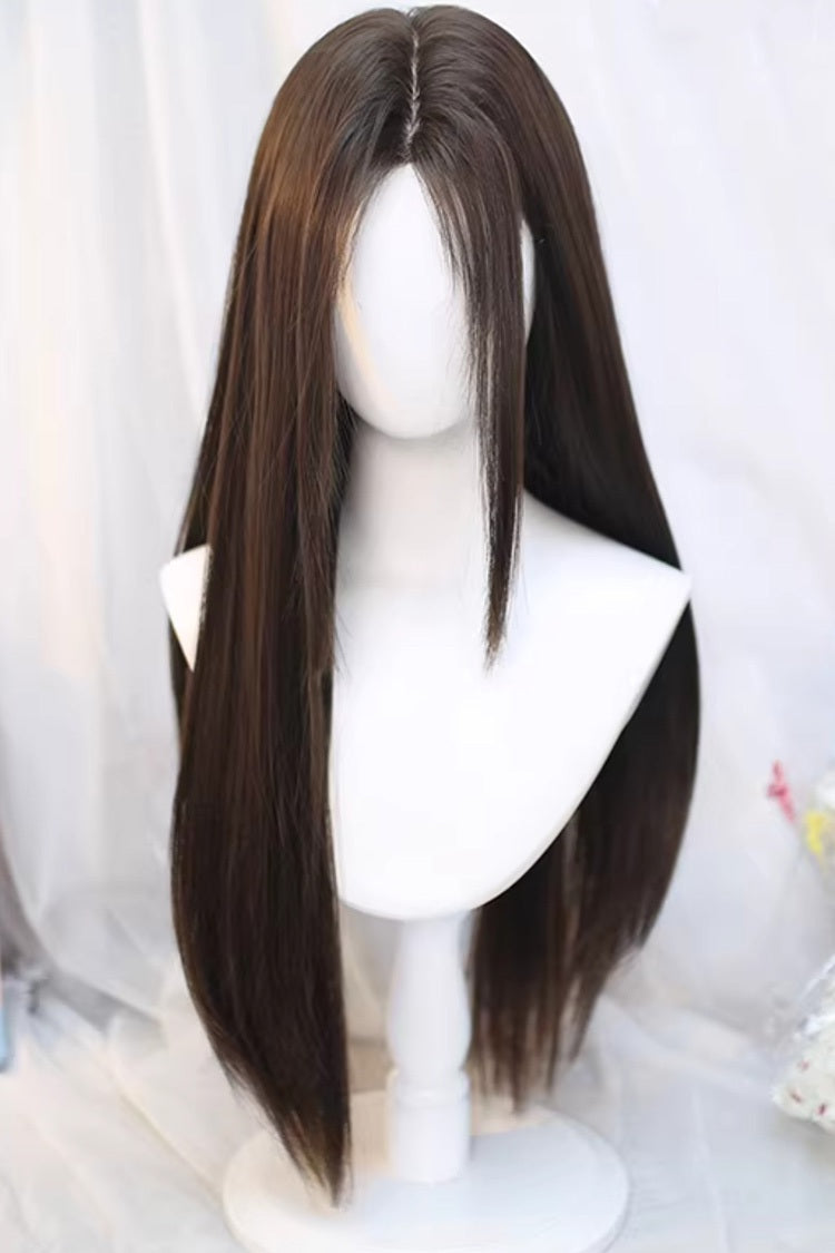 Cool Brown Natural Long Straight Wig with Curtain Bangs Sweet Daily Style - Cool-Brown - 1