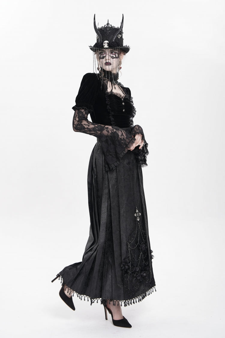 Black Floral Cross Embroidery Chain Women's Gothic Horse-face Long Skirt - Product - 13
