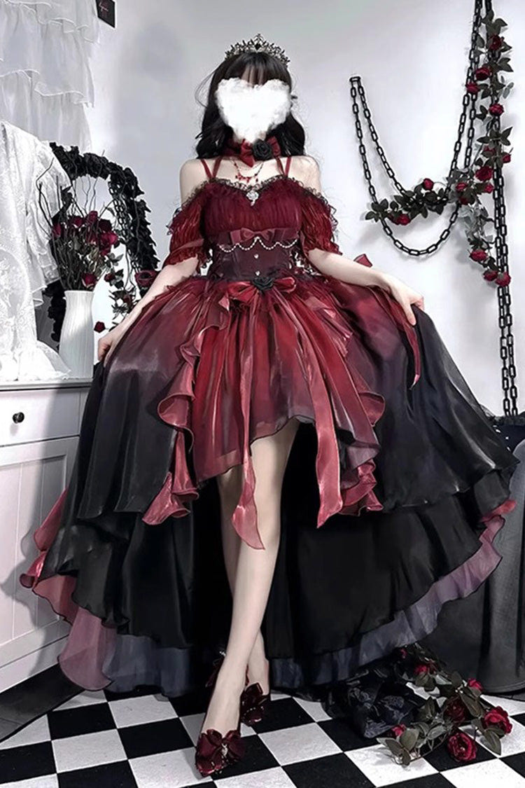 Red/Black Bowknot Irregular Gothic Princess Lolita Jsk Dress - Red/Black - 1