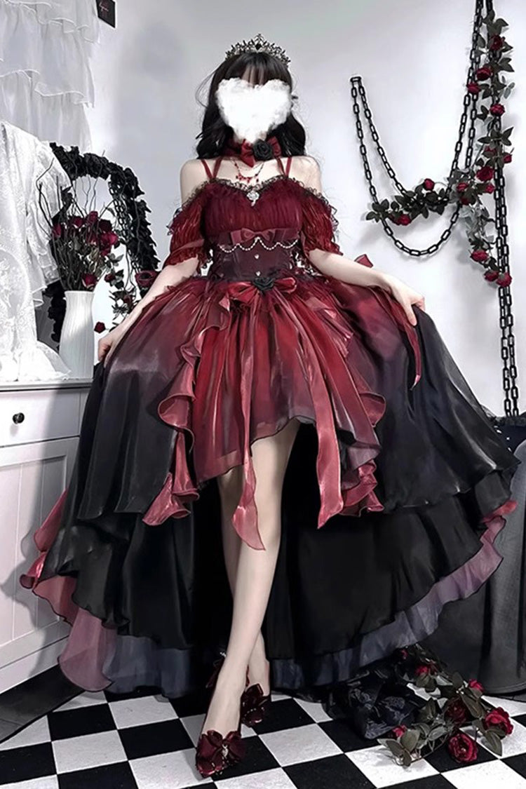 Red/Black Bowknot Irregular Gothic Princess Lolita Jsk Dress - Red/Black - 1
