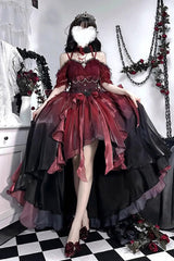Red/Black Bowknot Irregular Gothic Princess Lolita Jsk Dress - Red/Black - 1