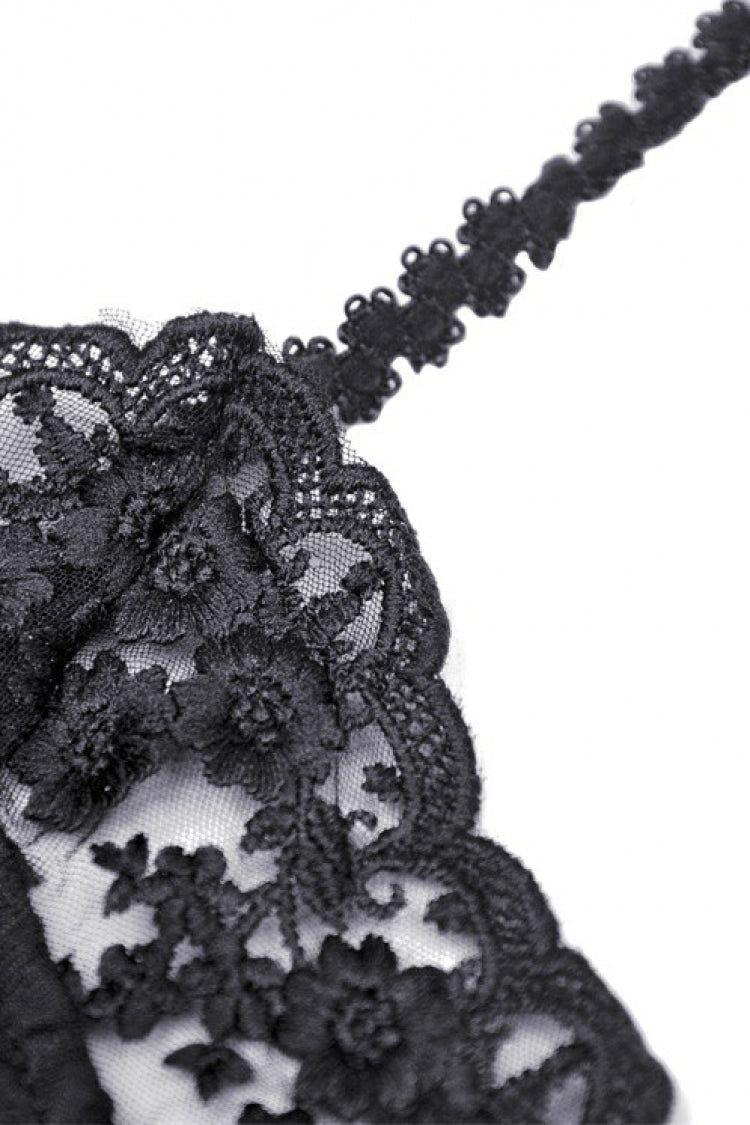 Black Off Shoulder Halterneck Lace Crinkle Women's Gothic Tank Top - Product - 13