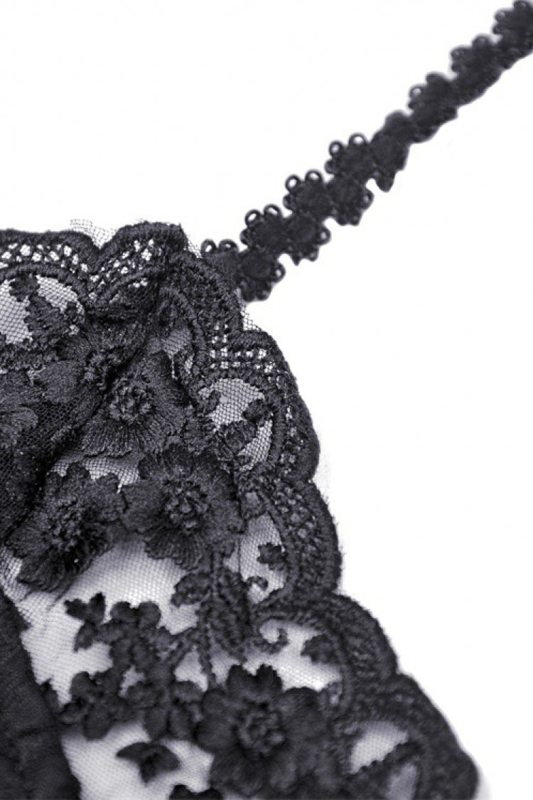 Black Off Shoulder Halterneck Lace Crinkle Women's Gothic Tank Top - Product - 13