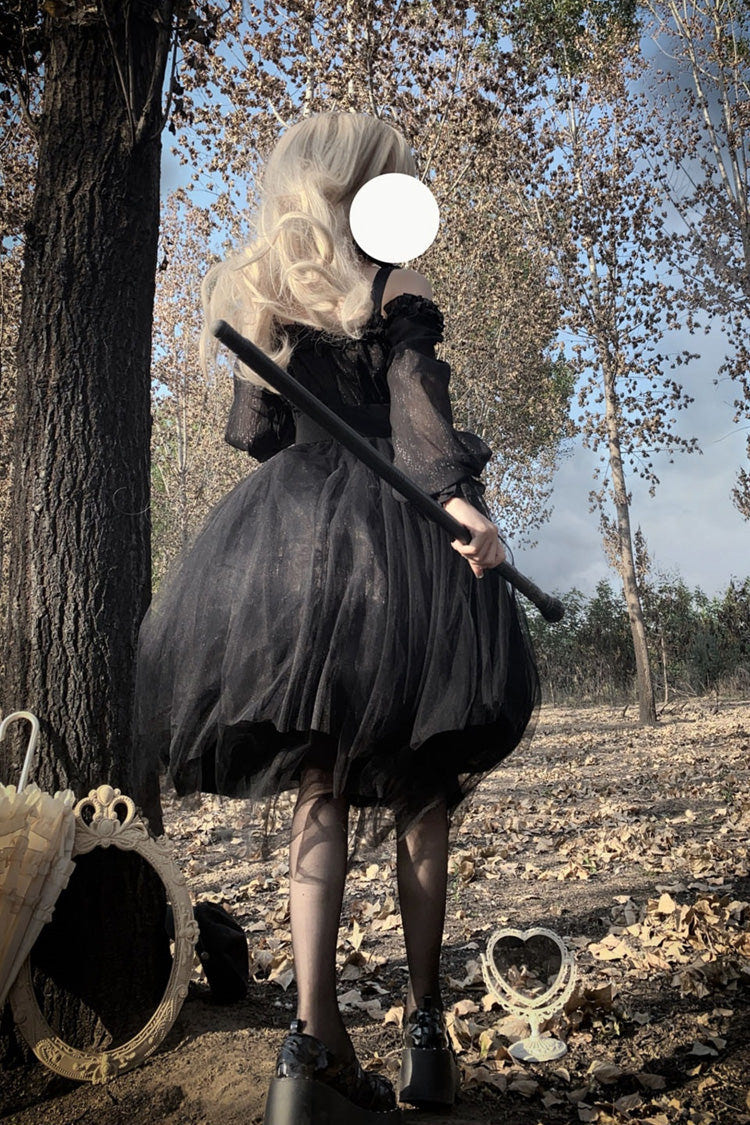 Black Long Sleeves Ruffle Bowknot Stitching Lace Gothic Plus Size Lolita Dress - Product - 2