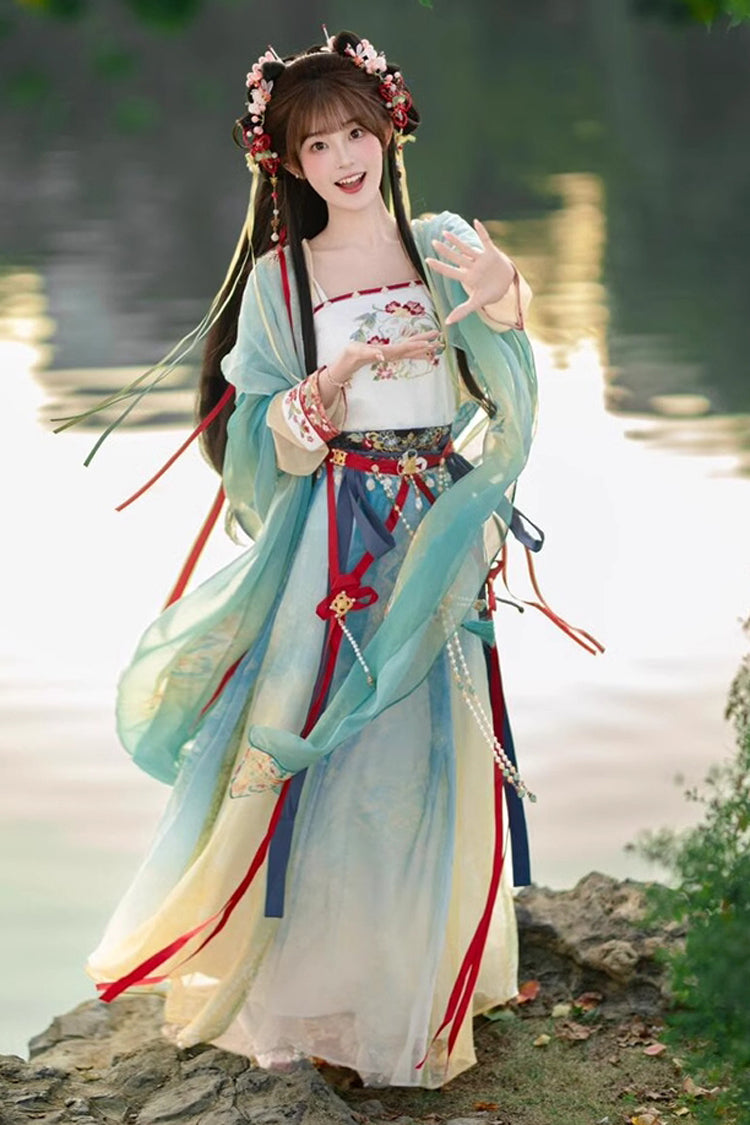 Multi-Color High Waisted Jacquard Print Slim Women's Sweet Hanfu Dress Full Set - Multi-Color - 1