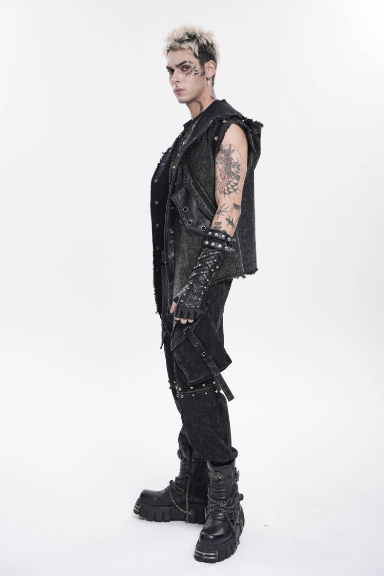 Black Studded Men's Punk Cool Fingerless Gloves - Product - 2
