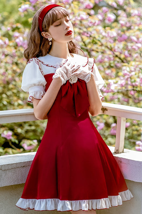 Red Camellia Ruffled Doll Collar Puff Sleeves Sweet Lolita Dress - Product - 3