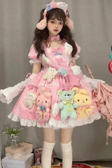 Pink Square Collar Print Doll Party Detachable Sleeves Ruffle Bowknot Sweet Princess Lolita Dress - Product - 7