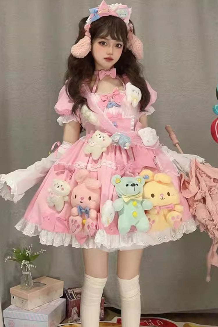 Pink Square Collar Print Doll Party Detachable Sleeves Ruffle Bowknot Sweet Princess Lolita Dress - Product - 7