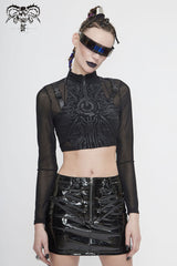 Black Round Collar Lace Check Short Women's Gothic Tops - Black - 1