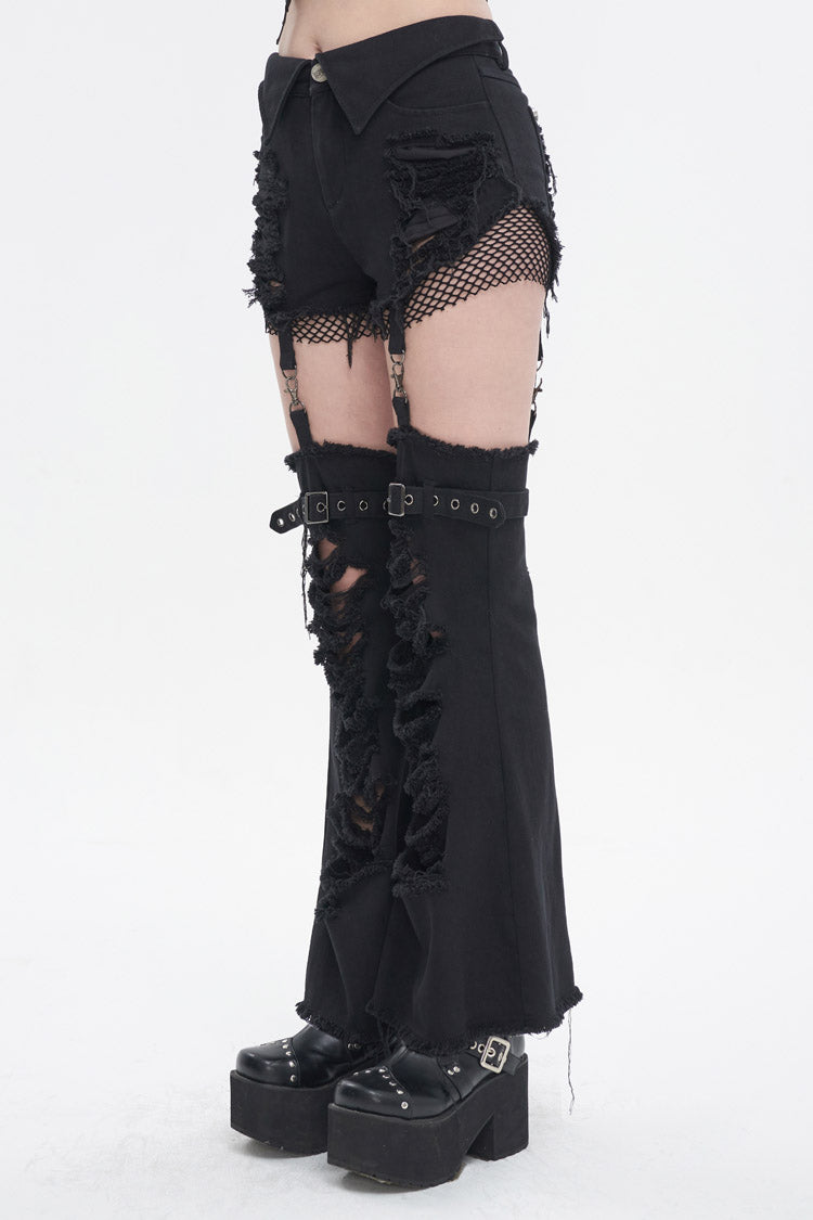 Black Segmented Splicing Old Fashioned Holes Flared Women's Punk Trouser - Product - 3