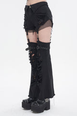 Black Segmented Splicing Old Fashioned Holes Flared Women's Punk Trouser - Product - 3