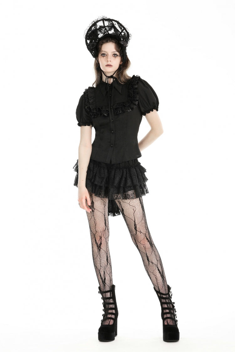 Black Point Collar Short Puff Sleeves Ruffled Women's Gothic Blouse - Product - 12