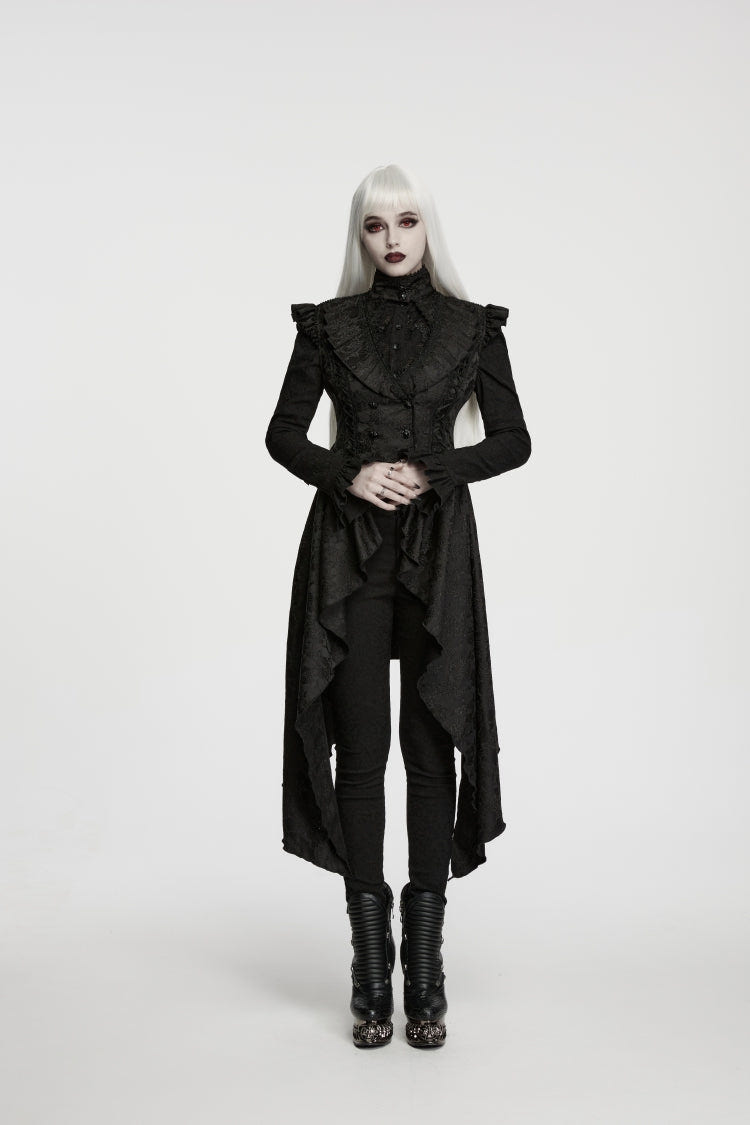 Black Stand Collar Sleeveless Jacquard Cut-Out Lace-Up Asymmetric Women's Gothic Elegant Vest - Product - 5