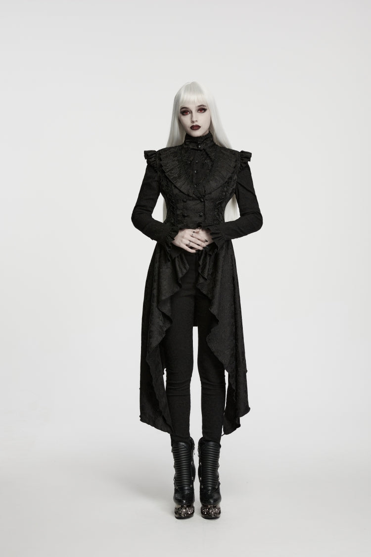 Black Stand Collar Sleeveless Jacquard Cut-Out Lace-Up Asymmetric Women's Gothic Elegant Vest - Product - 5