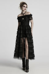 Black Off Shoulder Short Sleeves Multi-Layered Embroidery Women's Punk Dress - Product - 4