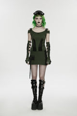 Black/Green Lace-Up Slim Asymmetric Zippered Eyelet Women's Punk Handsome Skirt - Product - 5