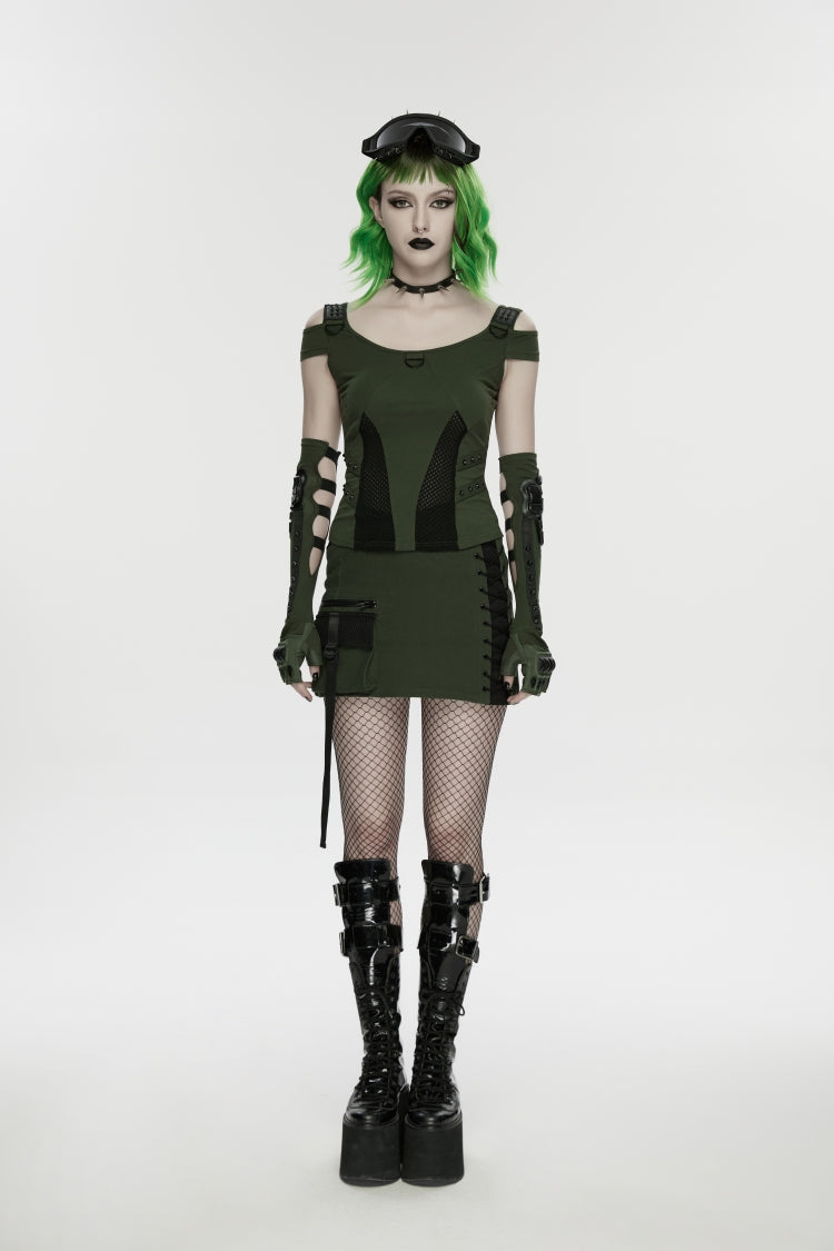 Black/Green Lace-Up Slim Asymmetric Zippered Eyelet Women's Punk Handsome Skirt - Product - 5