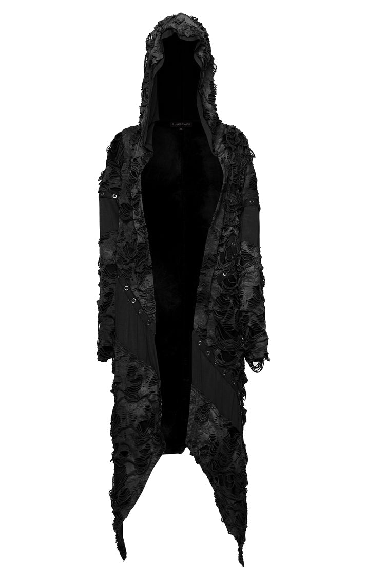 Black Ruffle Hooded Ripped Asymmetric Women's Punk Long Coat - Product - 5
