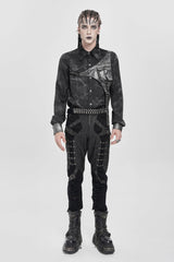 Black Long Sleeves Print Stitching Asymmetric Bullet Men's Punk Blouse - Product - 7