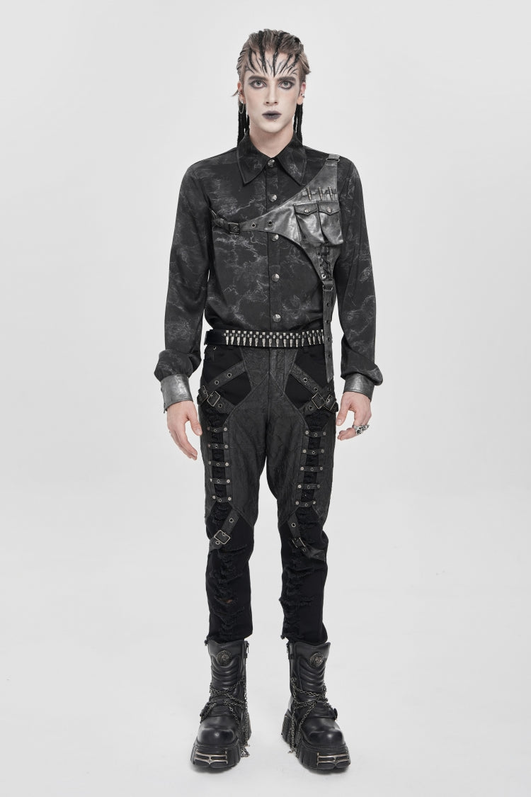 Black Long Sleeves Print Stitching Asymmetric Bullet Men's Punk Blouse - Product - 7