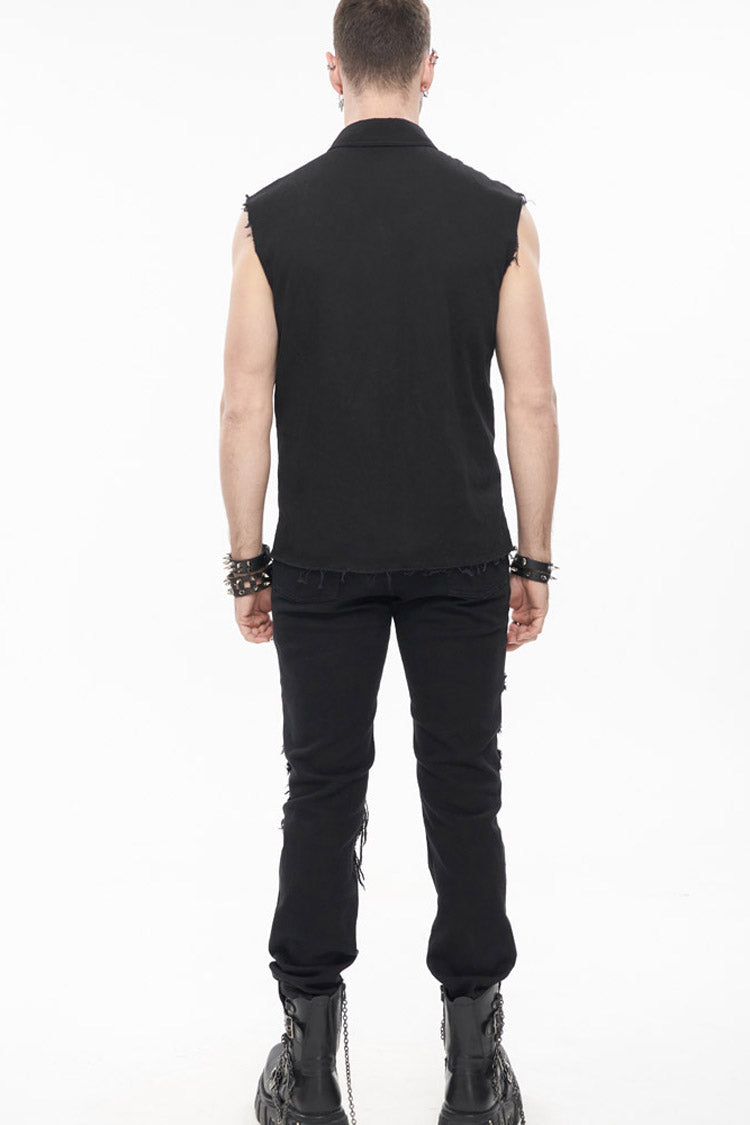 Black Punk Simple Everyday Stand Collar Print Sleeveless Men's Shirt - Product - 9
