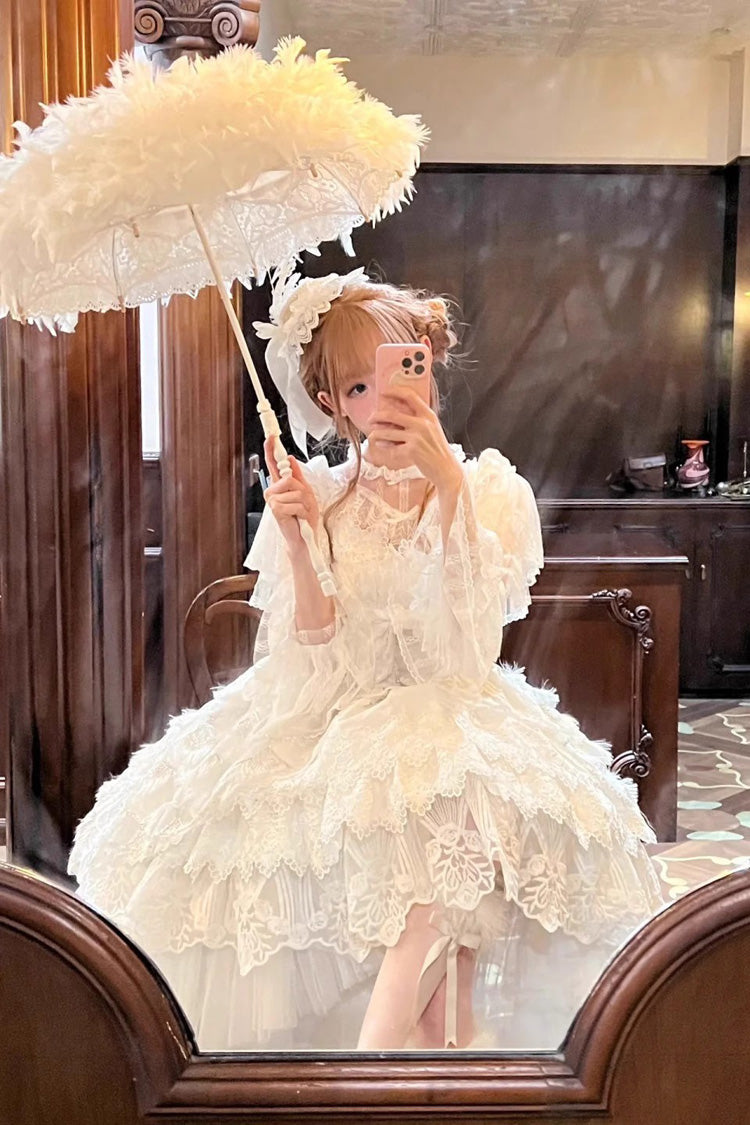 White [Peacock Feather] Multi-Layered Ruffle Hanayome Cardigan Bowknot Lace Sweet Lolita Jsk Dress Set - Product - 5