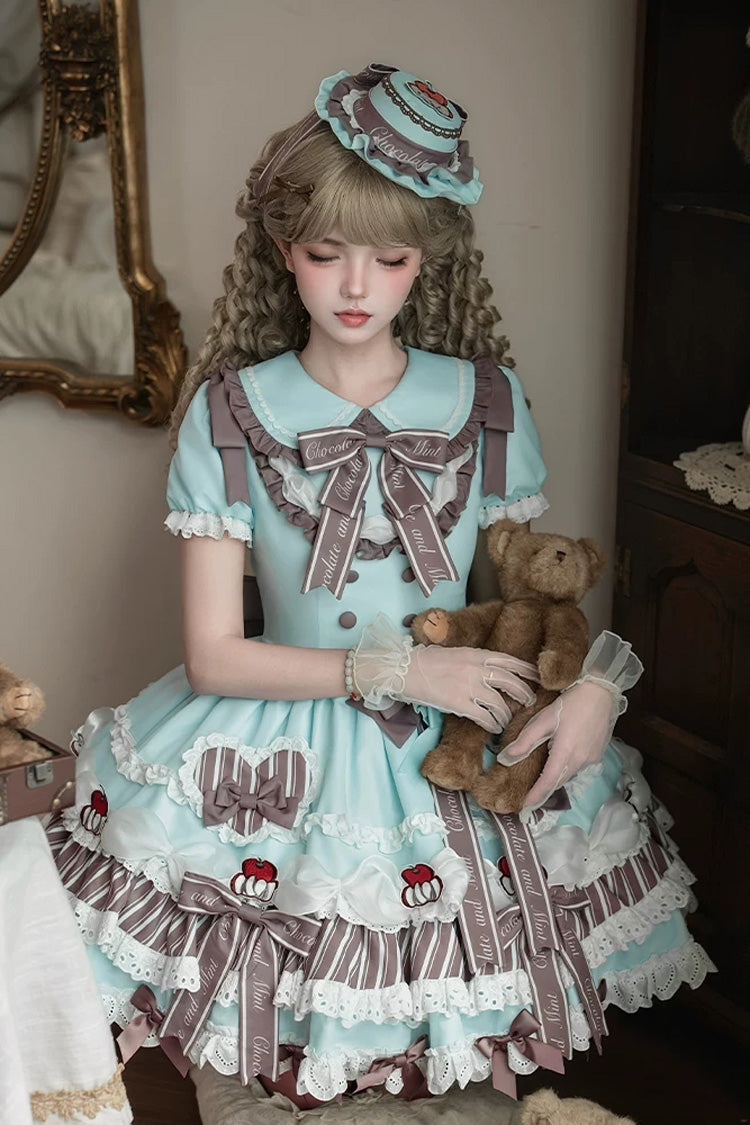 Green [Cherry Mille-Feuille] Lapel Collar Short Sleeves Triple-Layered Printed Ruffled Bow Lace Princess Sweet Lolita Dress - Product - 6