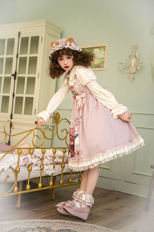 Pink Sheep & Bear Print Alice Girl Bowknot Ruffled Sweet Lolita JSK Dress - Product - 4