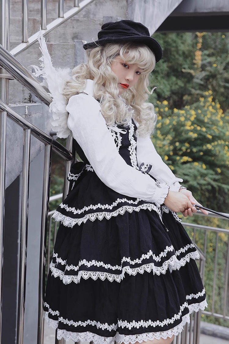 Black/White Three-section Cake Sleeveless Ribbon Sweet Lolita Tiered Dress - Product - 4