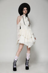 Beige Halter Off Shoulder Lapel Collar Long Flare Sleeves Lace-Up Women's Steampunk Dress - Product - 12