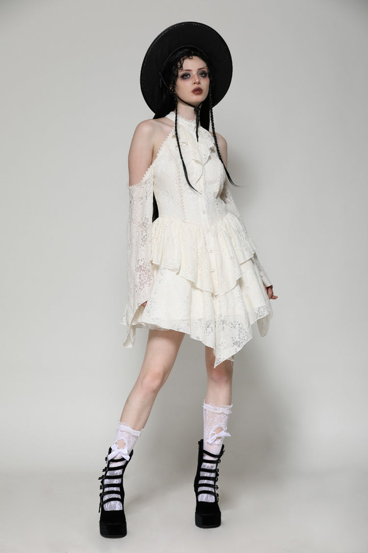 Beige Halter Off Shoulder Lapel Collar Long Flare Sleeves Lace-Up Women's Steampunk Dress - Product - 12