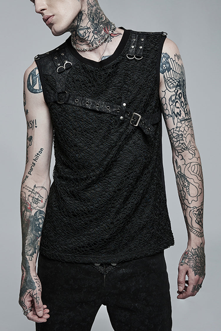 Black Sleeveless Stitching Mesh Buckle Men's Steampunk Vest - Black - 1