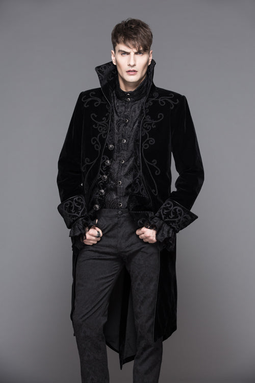 Black Hand Embroidered Fake Two Pieces Long Sleeves Velvet Mens Gothic Coats - Product - 2