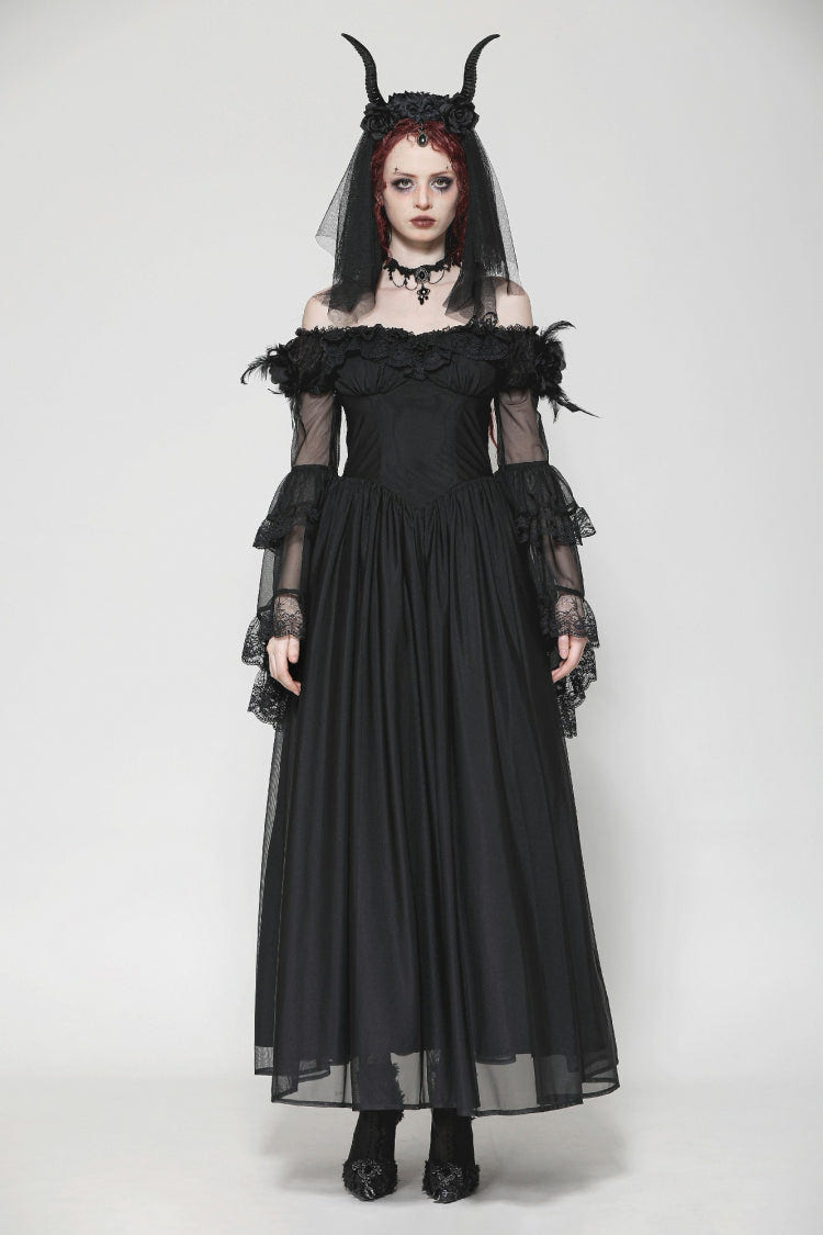 Black Off Shoulder Boat Neck Multi-Layered Long Trumpet Sleeves Lace Spliced Tulle Lace-Up Women's Gothic Fantasy Dress - Product - 5