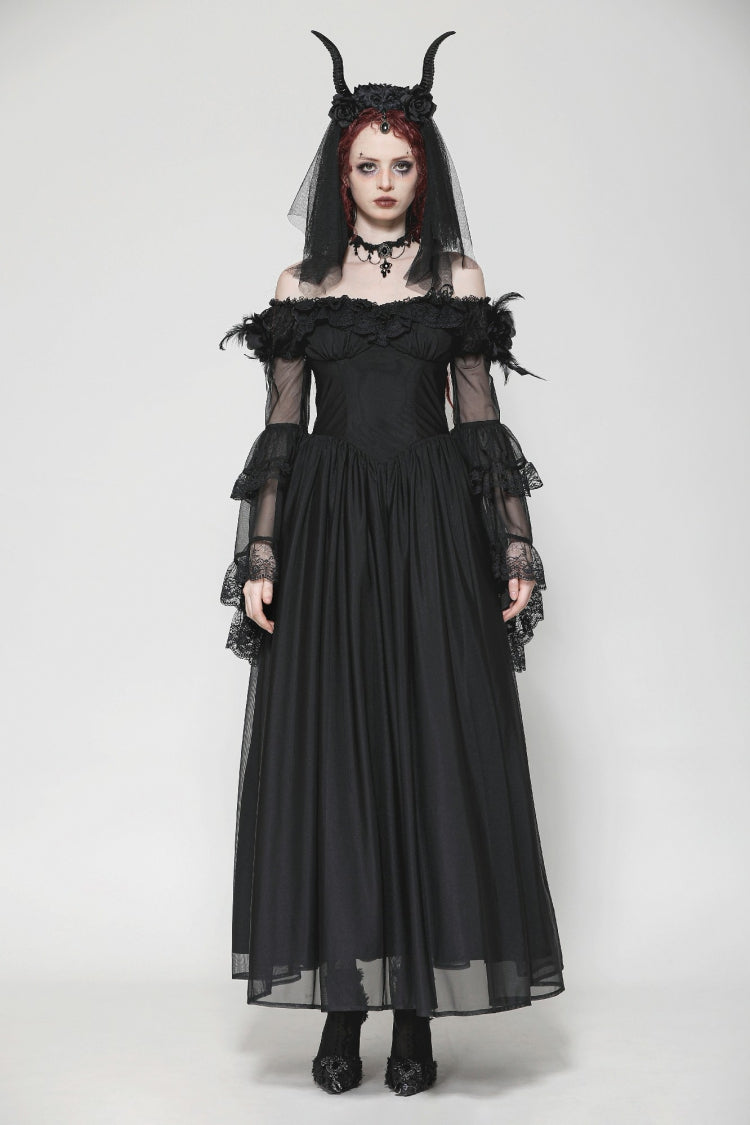 Black Off Shoulder Boat Neck Multi-Layered Long Trumpet Sleeves Lace Spliced Tulle Lace-Up Women's Gothic Fantasy Dress - Product - 5