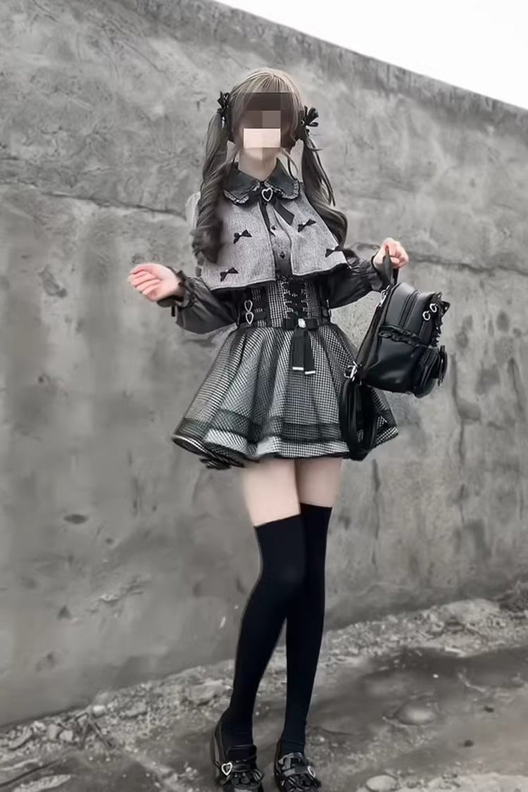 Grey Long Sleeves Houndstooth Printed Ruffled Lace-Up Jirai Kei Japanese Set - Product - 2