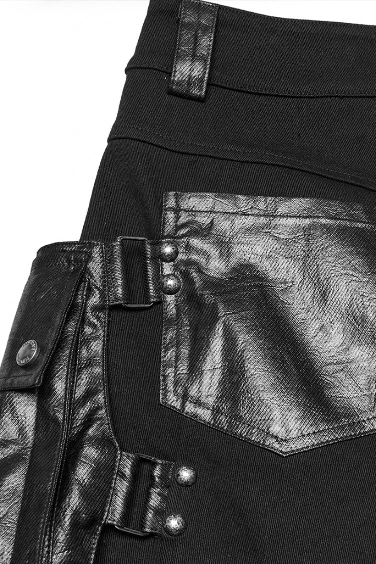 Black Big-pocket Faux Leather Stitching Men's Punk Shorts - Product - 8