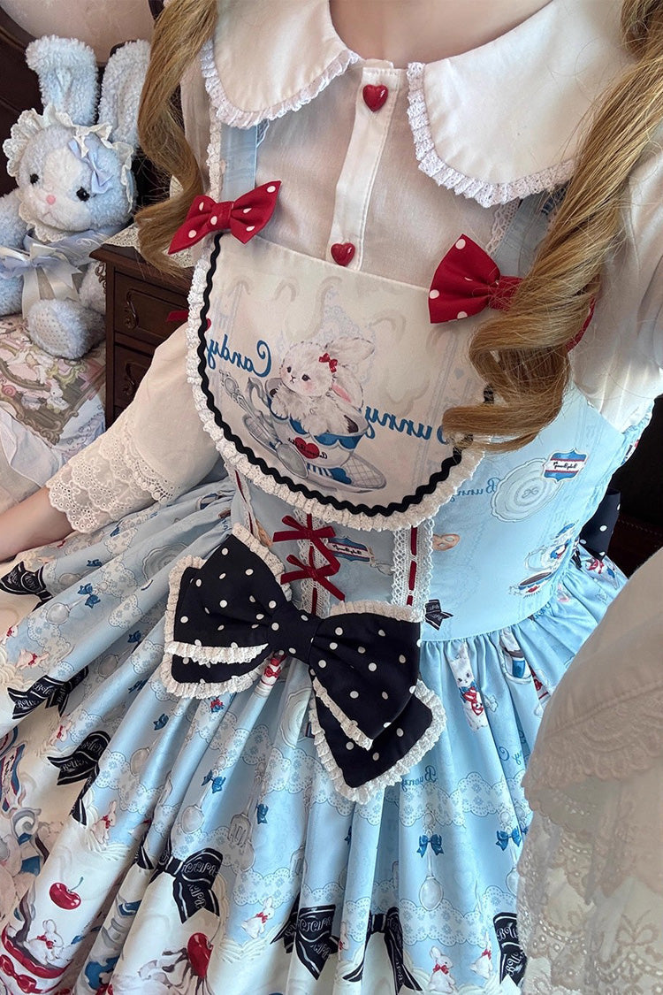 Blue [Mystery Rabbit Tea Party] Sleeveless Print Ruffle Bowknot Lace Sweet Lolita Jsk Dress - Product - 11