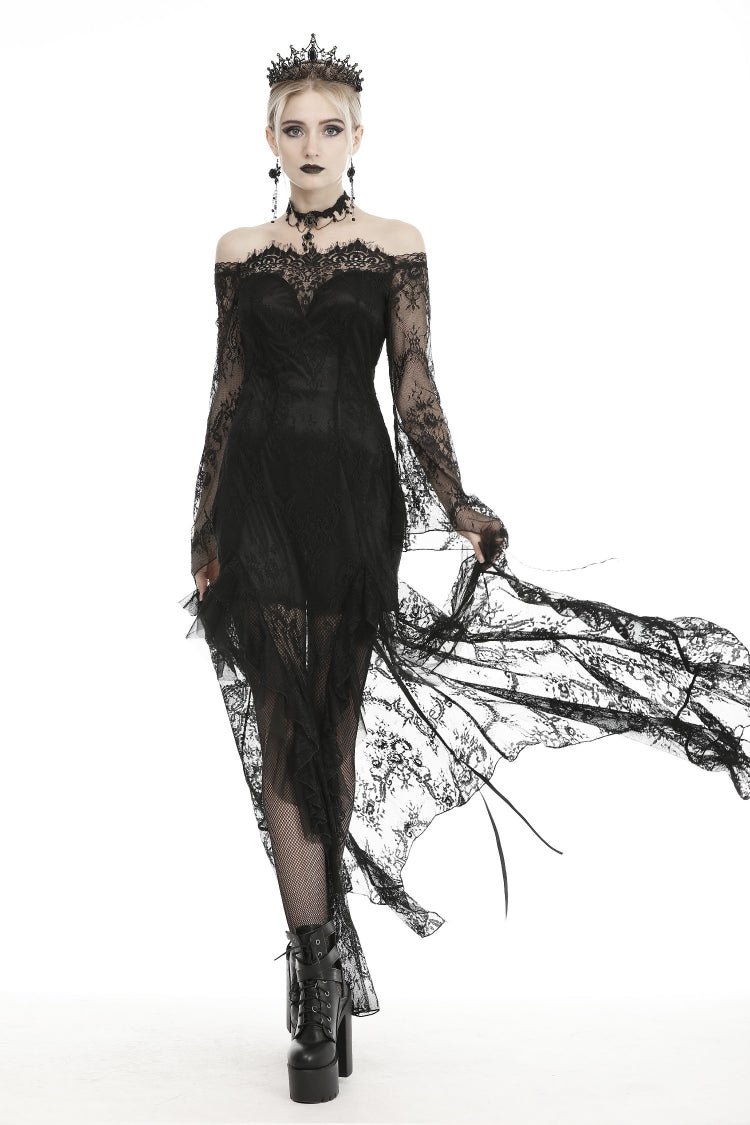 Black Off Shoulder Long Sleeves Lace Lace-Up Women's Gothic Mermaid Wedding Dress - Product - 11
