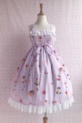 Strawberry Fruit Dessert Print Ruffle Bowknot Lace Sweet Lolita Jsk Dress 5 Colors - Purple - 6