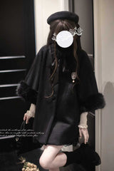 Black Long Sleeves Lace Gothic Japanese Lolita Fluffy Cloak Coat - Product - 10