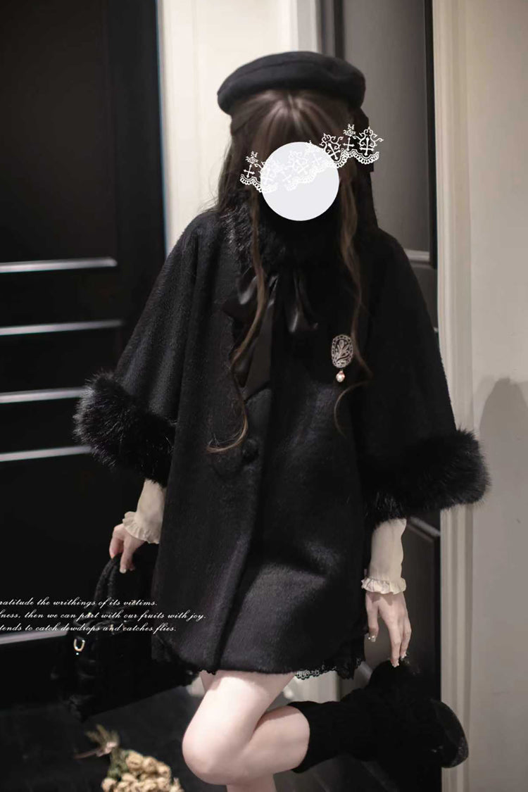 Black Long Sleeves Lace Gothic Japanese Lolita Fluffy Cloak Coat - Product - 10